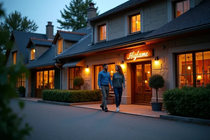 Entrée discrète et façade extérieure du club échangiste Le Decly'X à Bain-de-Bretagne, avec un couple élégant se dirigeant vers l'accueil