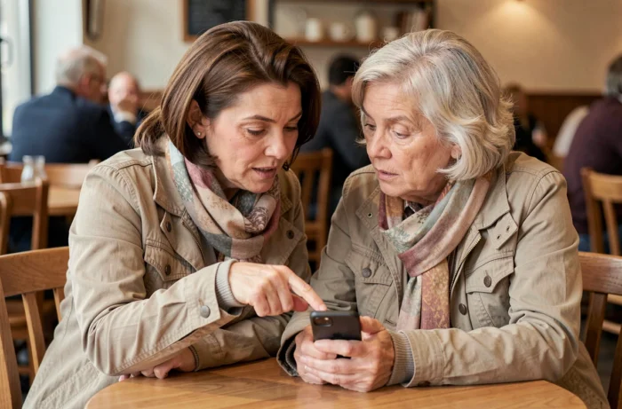 Deux femmes d'âge mûr partageant des découvertes de sites alternatifs de rencontre sociale sur un smartphone au café