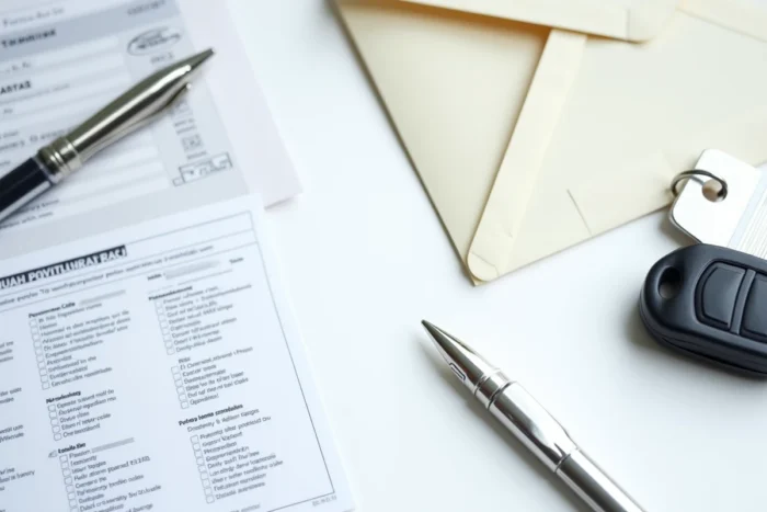 Vue à plat des documents nécessaires pour refaire une carte grise perdue incluant formulaires et clés de voiture