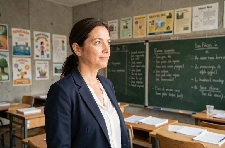 Enseignante réfléchissant à sa carrière devant un tableau de classe en France