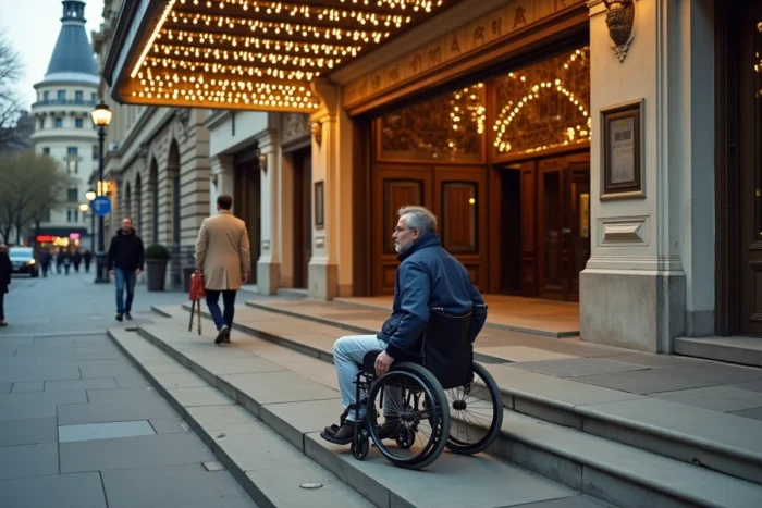 Entrée accessible du Grand Rex à Paris avec rampe PMR et façade Art Déco illuminée