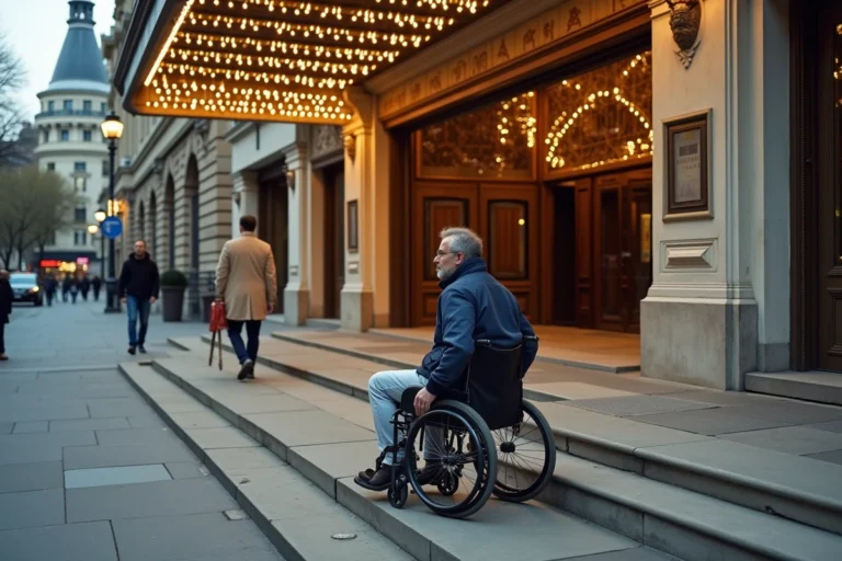 Entrée accessible du Grand Rex à Paris avec rampe PMR et façade Art Déco illuminée