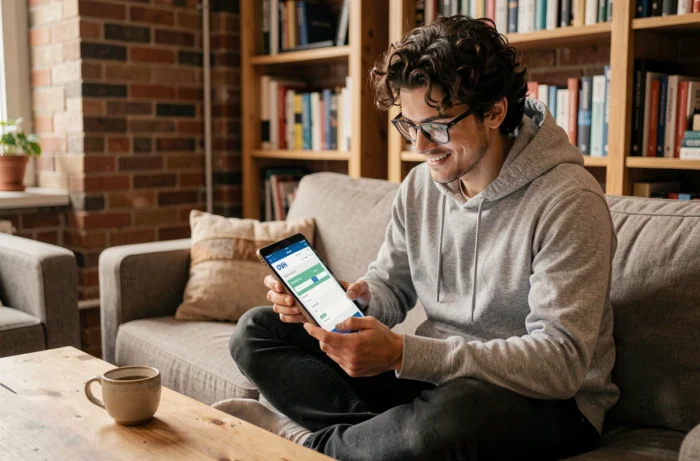 Jeune entrepreneur achetant un nom de domaine OVH sur une tablette depuis son salon