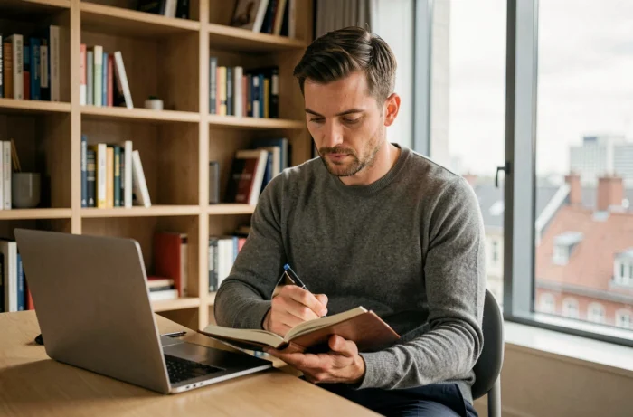 Entrepreneur en appel vidéo dans un bureau minimaliste prenant des notes pour optimiser ses services business sur mesure