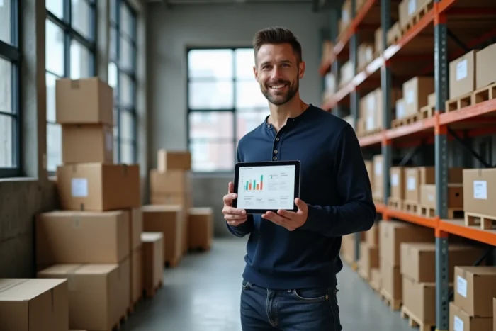 Entrepreneur en ligne gérant la logistique de son e-commerce dans un entrepôt urbain avec tablette analytique