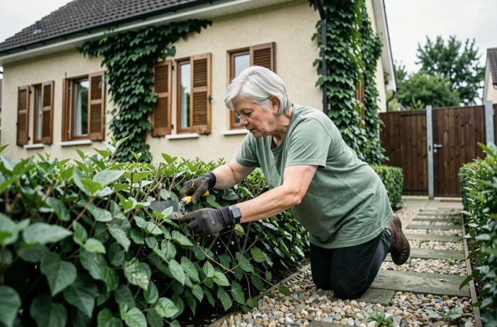 Femme entretenant la haie du jardin devant une maison de banlieue, astuce amenagement exterieur