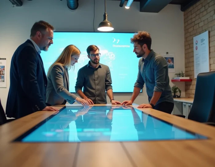 Équipe de professionnels bretons collaborant sur un projet innovant dans un incubateur technologique à Brest