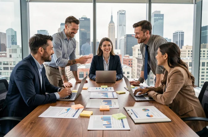 Équipe professionnelle en réunion collaborative autour d'une table de conférence pour développer des services business personnalisés