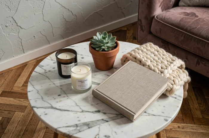 Essentiels déco disposés sur une table basse en marbre avec bougies, plante succulente et plaid en laine