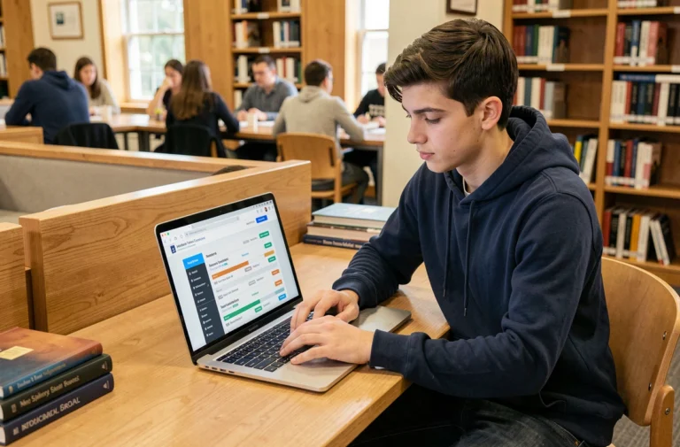 Étudiant ingénieur consultant le portail eService Esigelec sur son ordinateur en bibliothèque universitaire