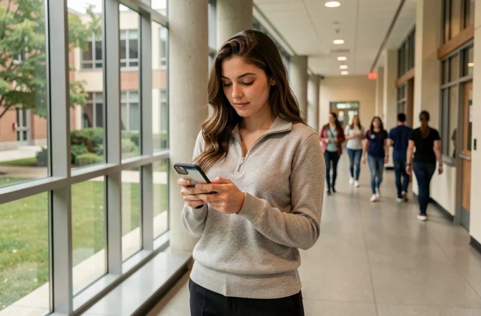 Étudiante en école d'ingénieurs utilisant l'application mobile eService Esigelec dans un couloir du campus