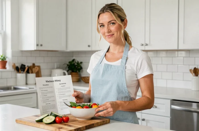 Femme préparant un repas sain dans sa cuisine dans le cadre de son expérience avec le programme Reborn 21, retour utilisateur authentique