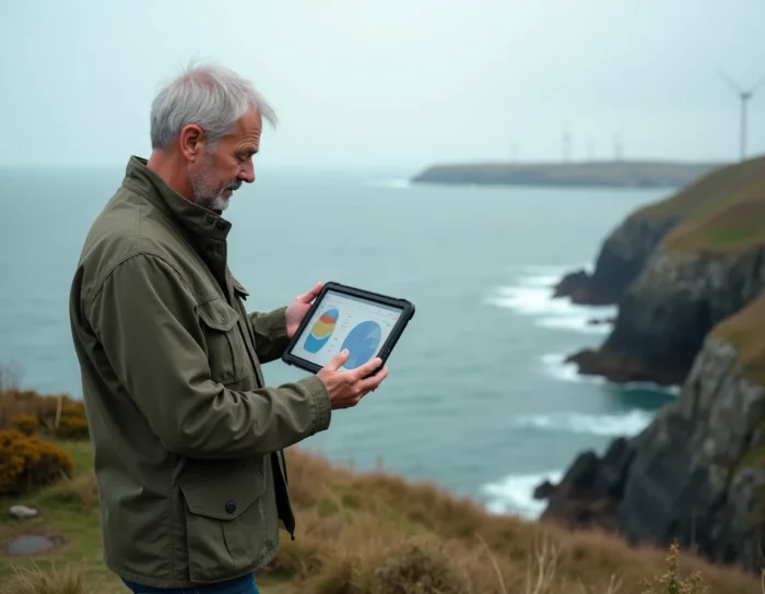 Expert en énergies marines renouvelables analysant des données éoliennes sur la côte bretonne près de Saint-Malo