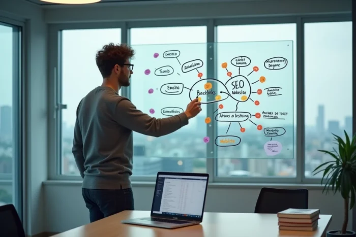 Expert SEO dessinant une carte mentale de stratégie de netlinking sur un tableau blanc en salle de réunion