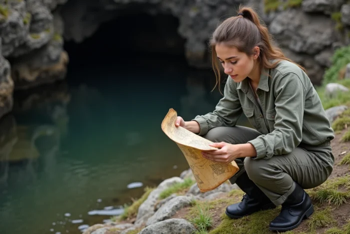 Exploratrice étudiant une carte ancienne de l'île de Mako près de formations rocheuses volcaniques au bord de l'océan