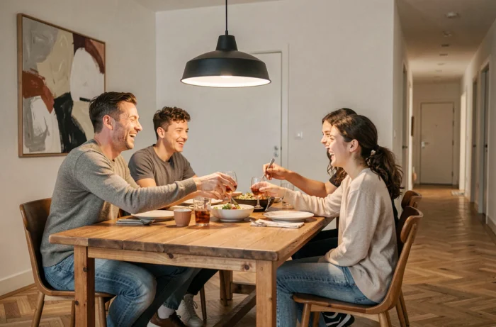 Famille réunie autour d'une grande table à manger dans la salle à manger d'un appartement 5 pièces moderne