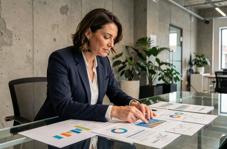 Femme d'affaires analysant des documents stratégiques dans un bureau moderne pour booster son entreprise