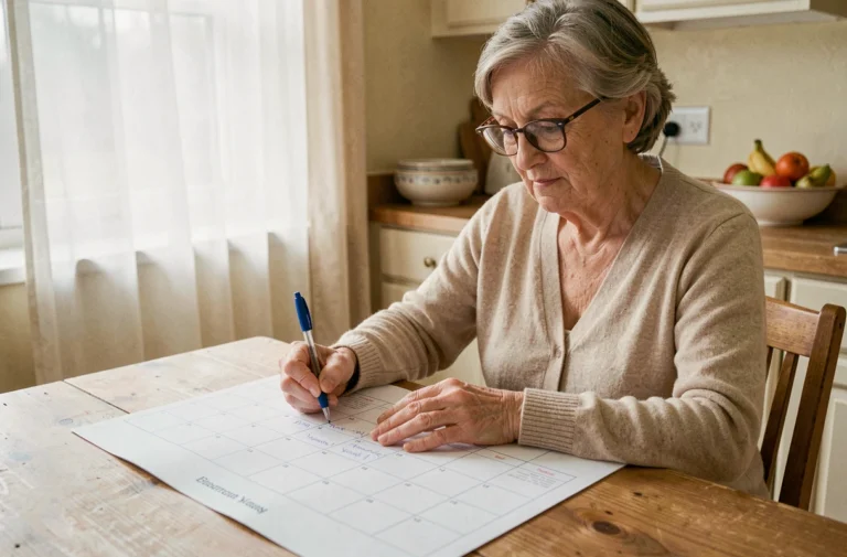 Femme âgée écrivant ses rendez-vous sur un grand calendrier imprimé posé sur une table de cuisine en bois