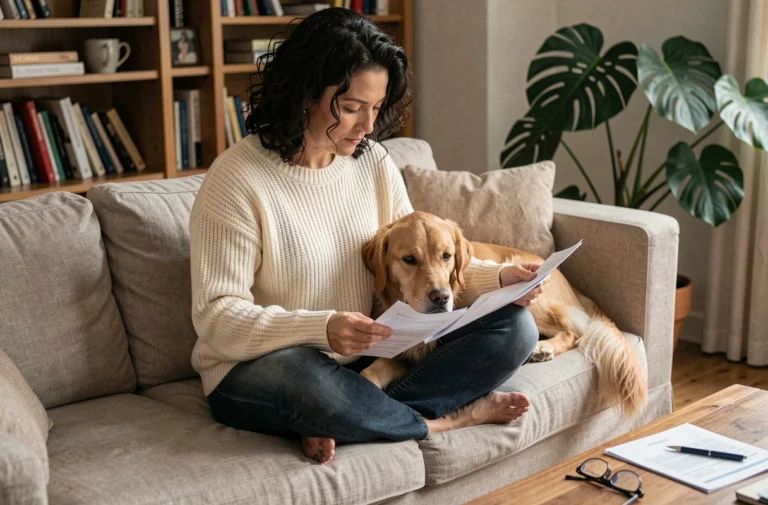 Femme consultant des documents d'assurance pour animaux avec son golden retriever sur le canapé