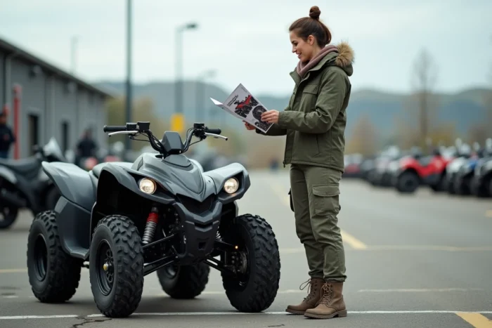 Femme adulte comparant des brochures de quads homologués route dans un parking de concessionnaire, illustrant le processus de choix d'un quad avec permis B