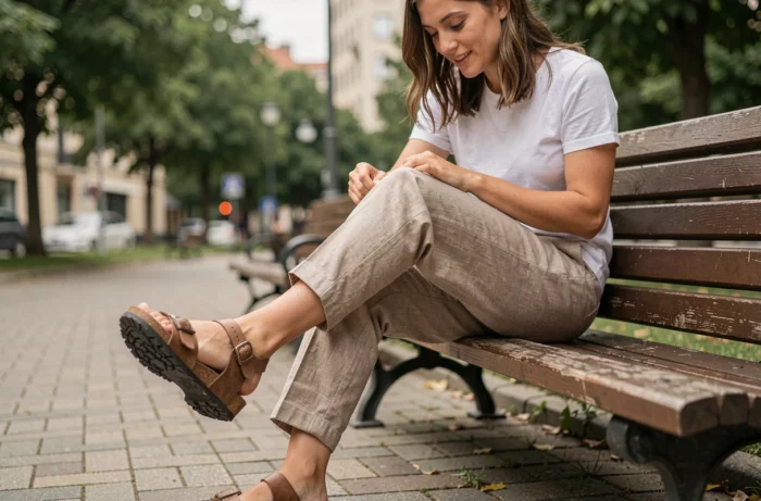 Femme comparant une sandale Billowy et une Birkenstock portées simultanément sur un banc de parc en bois