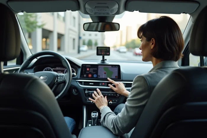 Femme au volant d'un SUV configurant un GPS monté sur le pare-brise en milieu urbain