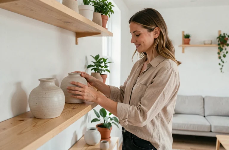 Femme arrangeant des vases décoratifs en céramique sur une étagère en bois dans un salon scandinave minimaliste