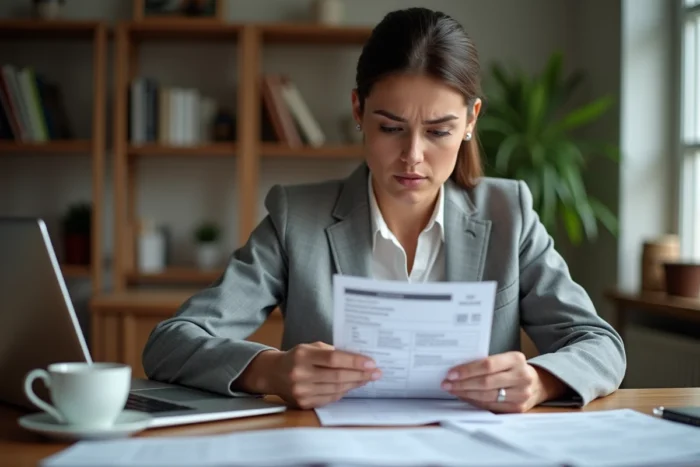 Femme examinant une carte grise de véhicule à son bureau à domicile lors de démarches administratives