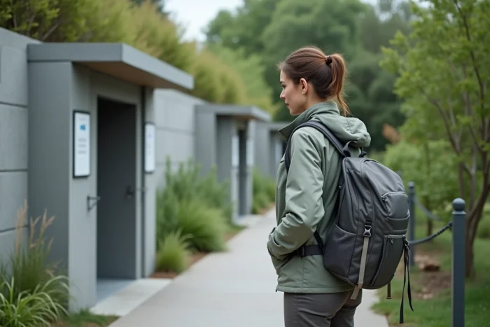 Femme avec sac à dos lisant un panneau devant une douche publique gratuite dans un parc urbain