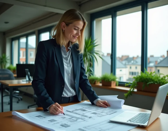 Femme entrepreneur en Bretagne analysant des plans d'innovation dans un espace de coworking moderne à Rennes