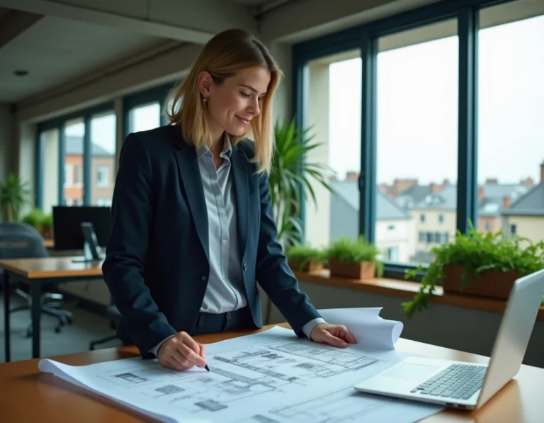 Femme entrepreneur en Bretagne analysant des plans d'innovation dans un espace de coworking moderne à Rennes