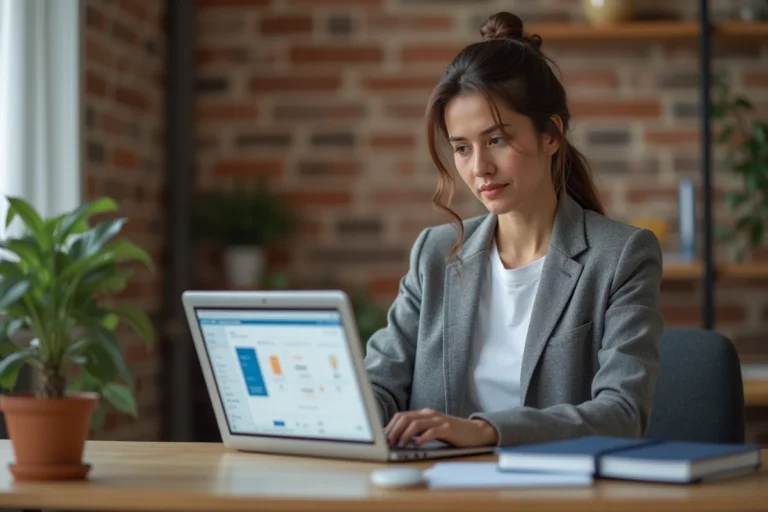 Femme entrepreneur travaillant sur son business en ligne depuis un bureau à domicile moderne avec un laptop ouvert