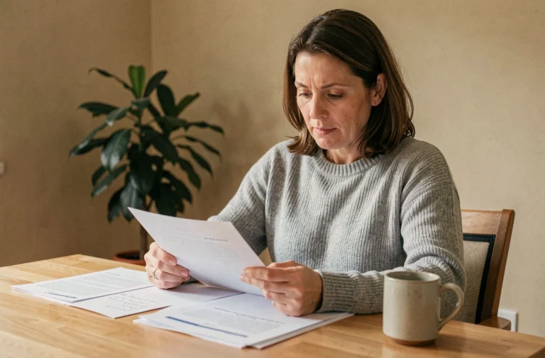 Femme analysant les documents du programme Reborn 21 à son bureau, illustrant une évaluation sérieuse du prix et des avis spécialistes