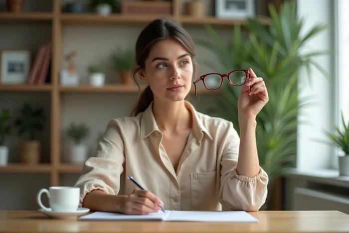 Femme tenant ses lunettes de correction 0.75 et les examinant attentivement à son bureau