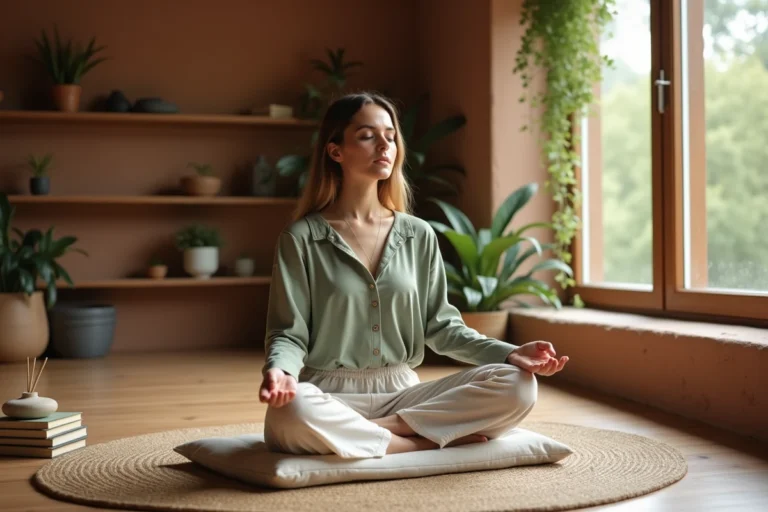 Femme en tenue décontractée pratiquant la méditation dans un intérieur naturel et zen avec plantes et livres