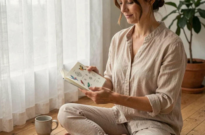 Femme méditant avec un journal illustré de mésanges et de symboles spirituels dans un intérieur calme et naturel