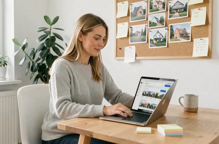 Femme utilisant un moteur de recherche immobilier sur son ordinateur portable dans un bureau à domicile moderne
