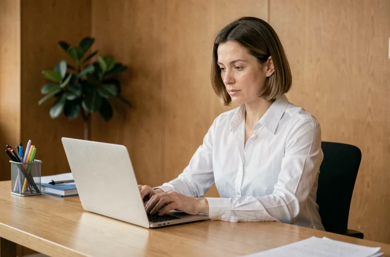 Femme professionnelle rédigeant un email de changement d'adresse sur son ordinateur portable au bureau