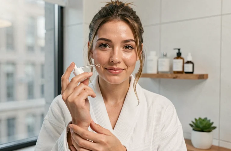 Femme appliquant un sérum sur son visage dans une salle de bain minimaliste moderne, routine beauté quotidienne