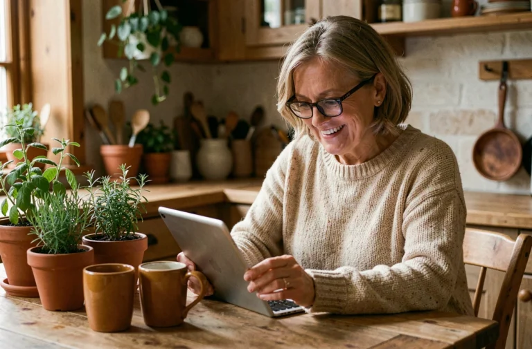 Femme senior découvrant des sites alternatifs de rencontre conviviale sur une tablette dans une cuisine chaleureuse