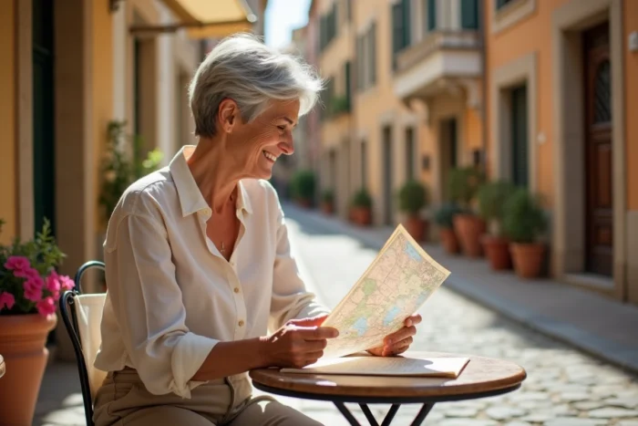 Femme senior souriante consultant une carte en terrasse de café dans un village méditerranéen lors d'un voyage après 60 ans