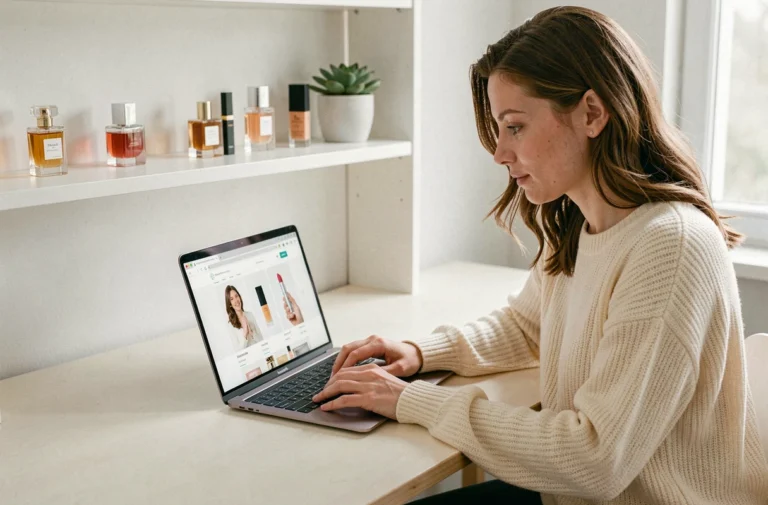 Femme consultant un site de beauté en ligne sur un ordinateur portable depuis un bureau scandinave avec des produits cosmétiques disposés sur des étagères blanches