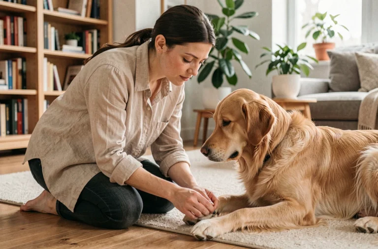 Femme prenant soin de son chien golden retriever à la maison, examinant sa patte avec attention et bienveillance