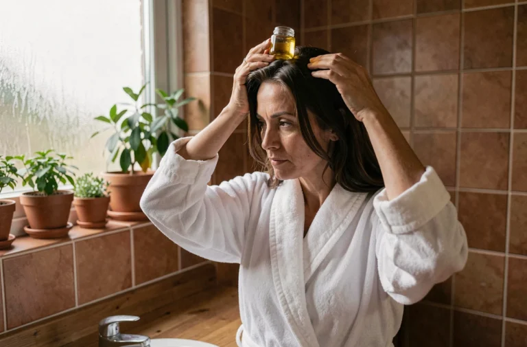 Femme aux cheveux bruns prenant soin de ses cheveux avec une huile naturelle dans une salle de bain lumineuse