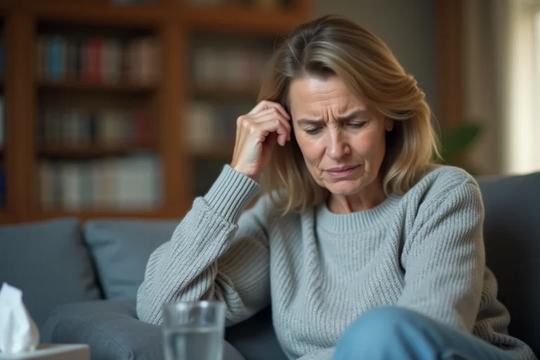 Femme fatiguée aux symptômes atypiques du Covid 2026 assise sur un canapé à domicile