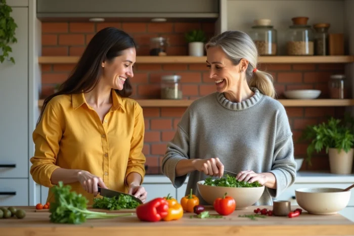 Deux femmes cuisinant ensemble un repas végétal coloré dans une cuisine moderne et conviviale, tendances lifestyle saines