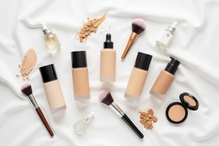 Flat lay de plusieurs fonds de teint couvrants avec pinceaux de maquillage sur fond de lin blanc