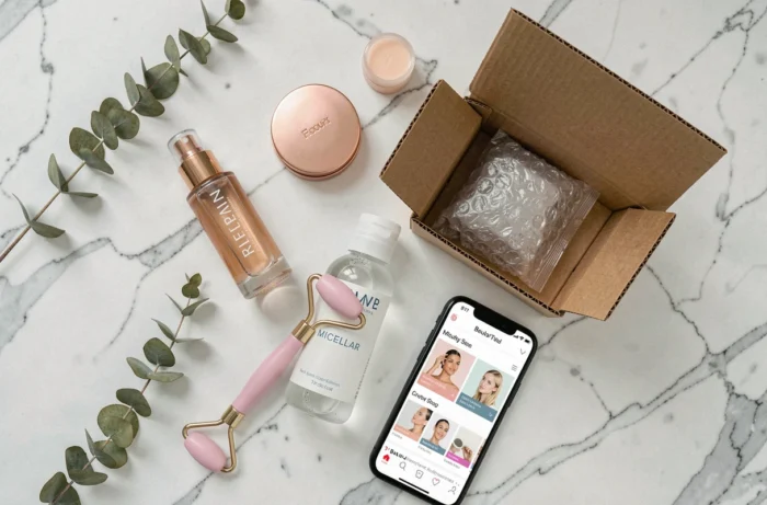 Flat lay de produtos de beleza tendência sobre mármore branco incluindo séruns, bálsamo labial e um pedido online desembalado com smartphone exibindo uma loja de beleza