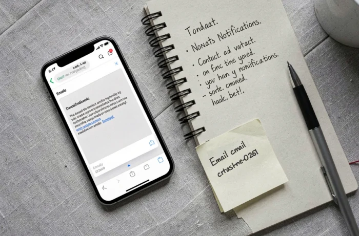 Vue de dessus d'un smartphone avec un brouillon d'email et des notes manuscrites pour un changement d'adresse mail