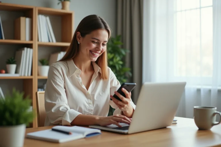 Jeune femme travaillant sur son ordinateur portable et son smartphone pour gagner de l'argent en ligne depuis son bureau à domicile